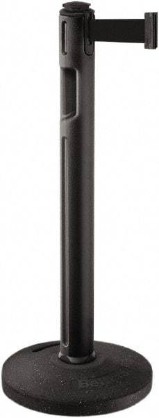 Lavi Industries - 38-1/4" High, 3-1/4" Pole Diam, Stanchion - 16" Base Diam, Dome Recycled Rubber Base, Black Plastic Post, 12' x 2" Tape, Single Line Tape, For Outdoor Use - Apex Tool & Supply