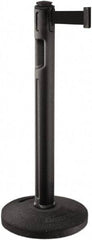 Lavi Industries - 38-1/4" High, 3-1/4" Pole Diam, Stanchion - 16" Base Diam, Dome Recycled Rubber Base, Black Plastic Post, 12' x 2" Tape, Single Line Tape, For Outdoor Use - Apex Tool & Supply