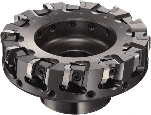 Sumitomo - 6" Cut Diam, 5/8" Arbor Hole, 2.374" Max Depth of Cut, 90° Indexable Chamfer & Angle Face Mill - 18 Inserts, NF-LDEN Insert, Right Hand Cut, 18 Flutes, Through Coolant, Series HF - Apex Tool & Supply