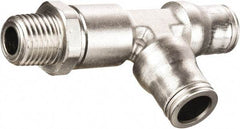 Legris - 10mm Outside Diam, 3/8 BSPT, Nickel Plated Brass Push-to-Connect Tube Male Run Tee - 435 Max psi, Tube to Male BSPT Connection, FKM O-Ring, Conforms to FDA Standards - Apex Tool & Supply