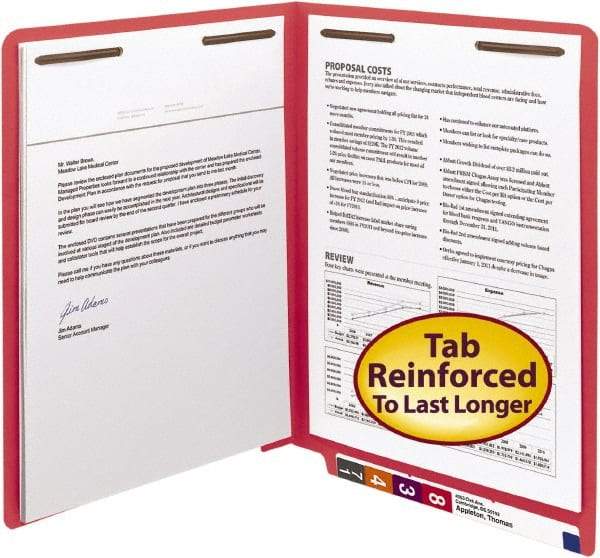 SMEAD - 8-1/2 x 11", Letter Size, Red, Classification Folders with End Tab Fastener - 11 Point Stock, Straight Tab Cut Location - Apex Tool & Supply