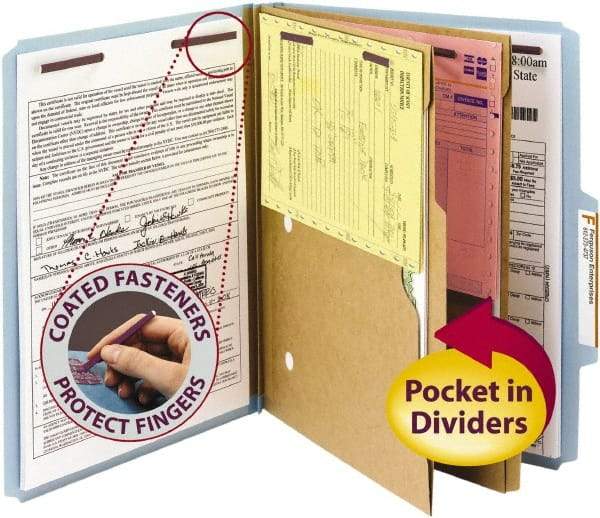 SMEAD - 8-1/2 x 11", Letter Size, Blue, Classification Folders with Top Tab Fastener - 23 Point Stock, Right of Center Tab Cut Location - Apex Tool & Supply