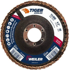 Weiler - 40 Grit, 4-1/2" Disc Diam, 7/8" Center Hole, Type 27 Ceramic Alumina Flap Disc - 13,000 Max RPM, Phenolic Backing, Arbor Attaching System, Coated - Apex Tool & Supply