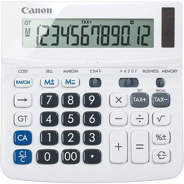 Canon - 12-Digit LCD 12 Function Portable Calculator - 6-1/2 x 6 x 1-1/4 Display Size, White, Solar & Battery Powered - Apex Tool & Supply