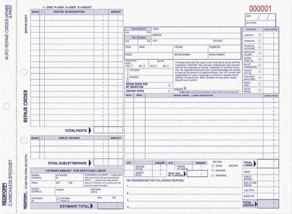 REDIFORM - 50 Sheet, 8-1/2 x 11", Auto Repair Form - White & Blue - Apex Tool & Supply