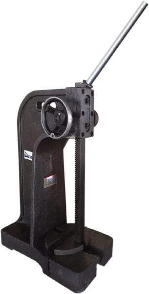 Gibraltar - 1-1/4" Ram, 6-1/4" Throat Depth, 3 Ton Manual Arbor Press - 17-1/2" Max Work Height x 20-1/2" Max Work Width, Ratchet Leverage, 20:1 Leverage Ratio, 22-1/4" Base Width x 10" Base Depth - Apex Tool & Supply