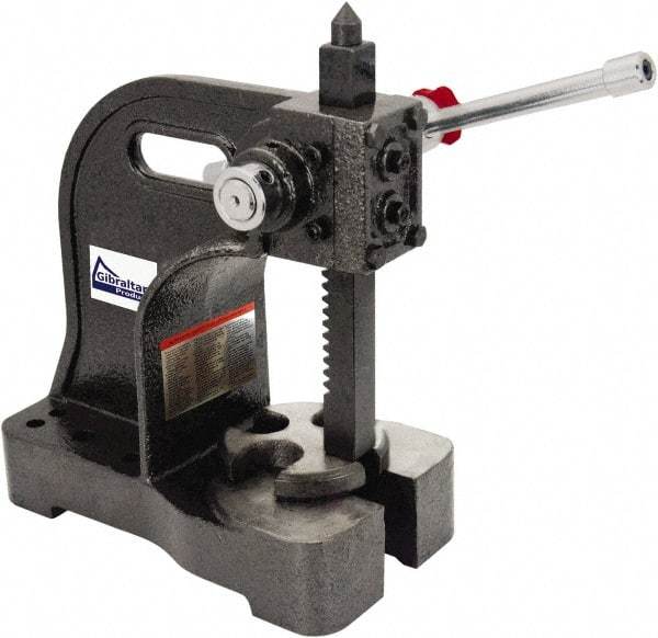 Gibraltar - 1-1/2" Ram, 5-1/4" Throat Depth, 3 Ton Manual Arbor Press - 12-1/2" Max Work Height x 16-1/2" Max Work Width, Single Leverage, 20:1 Leverage Ratio, 8-1/2" Base Width x 10" Base Depth - Apex Tool & Supply