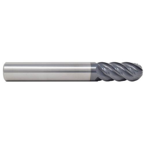 12 mm Dia. × 12 mm Shank × 26 mm DOC × 83 mm OAL, Carbide AlTiN, Spiral , 5 Flute, 45° Helix, Ballnose End Mill - Exact Industrial Supply