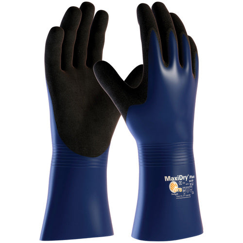 ‎56-530/S Coated Supported Gloves - MaxiDry Plus - Nylon/Lycra Liner - Blue/Black Nitrile - Full Coat - 12 In. - Exact Industrial Supply