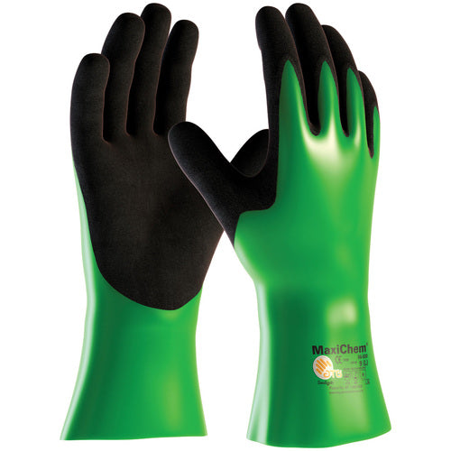 ‎56-630/XL Coated Supported Gloves - MaxiChem - Nylon/Lycra Liner - Green/ Black Nitrile Blnd - Full Coat - 12 In. - Exact Industrial Supply
