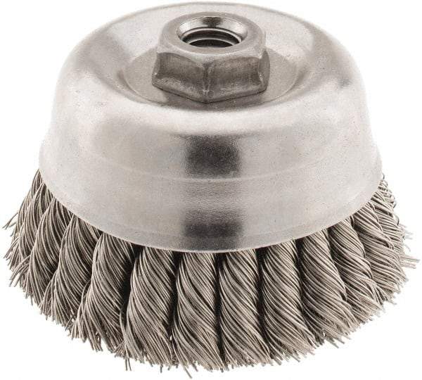 Osborn - 4" Diam, 5/8-11 Threaded Arbor, Stainless Steel Fill Cup Brush - 0.02 Wire Diam, 1-1/4" Trim Length, 6,000 Max RPM - Apex Tool & Supply