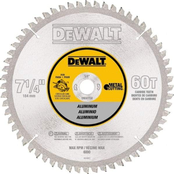 DeWALT - 7-1/4" Diam, 5/8" Arbor Hole Diam, 60 Tooth Wet & Dry Cut Saw Blade - High Speed Steel, Crosscut Action, Standard Round Arbor - Apex Tool & Supply