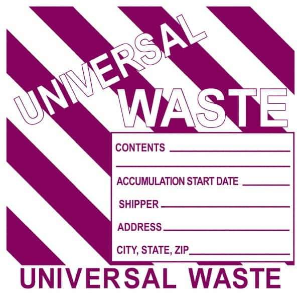 NMC - Universal Label - Legend: Universal Waste Contents______ Accumulation Start Date_____ Shipper_____ Address____ City, State, Zip____, English, Purple, 6" Long x 6" High, Sign Muscle Finish - Apex Tool & Supply