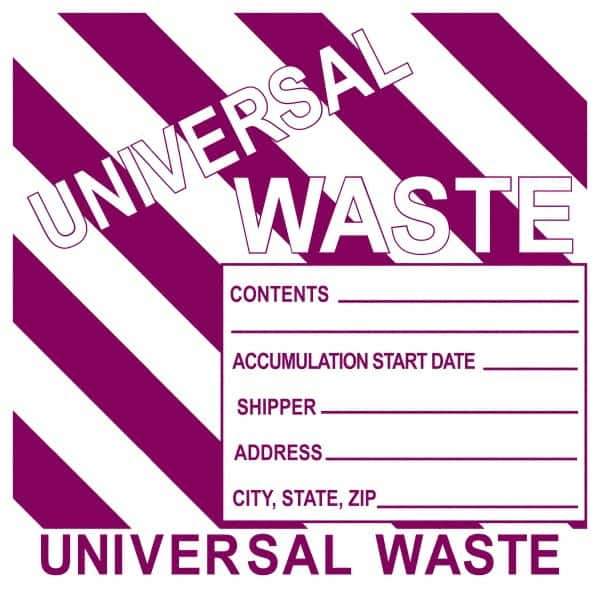 NMC - Universal Label - Legend: Universal Waste Contents______ Accumulation Start Date_____ Shipper_____ Address____ City, State, Zip____, English, Purple, 6" Long x 6" High, Sign Muscle Finish - Apex Tool & Supply