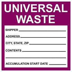 NMC - Universal Label - Legend: Universal Waste - Shipper__________ Address____ City,State,Zip____ Contents________ Accumulation Start Date ______, English, Purple & Black, 6" Long x 6" High, Sign Muscle Finish - Apex Tool & Supply