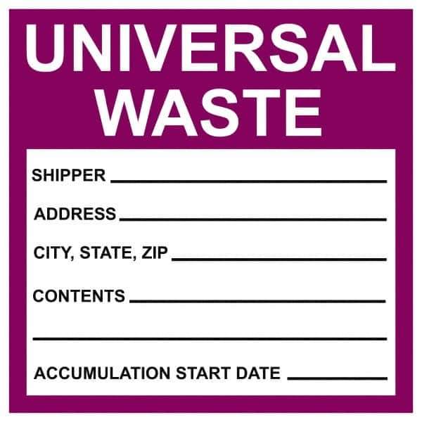 NMC - Universal Label - Legend: Universal Waste - Shipper__________ Address____ City,State,Zip____ Contents________ Accumulation Start Date ______, English, Purple & Black, 6" Long x 6" High, Sign Muscle Finish - Apex Tool & Supply