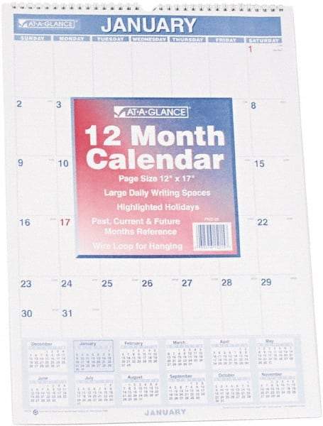 AT-A-GLANCE - 12 Sheet, 12 x 17", Planner Wall Calendar - Blue & Red - Apex Tool & Supply