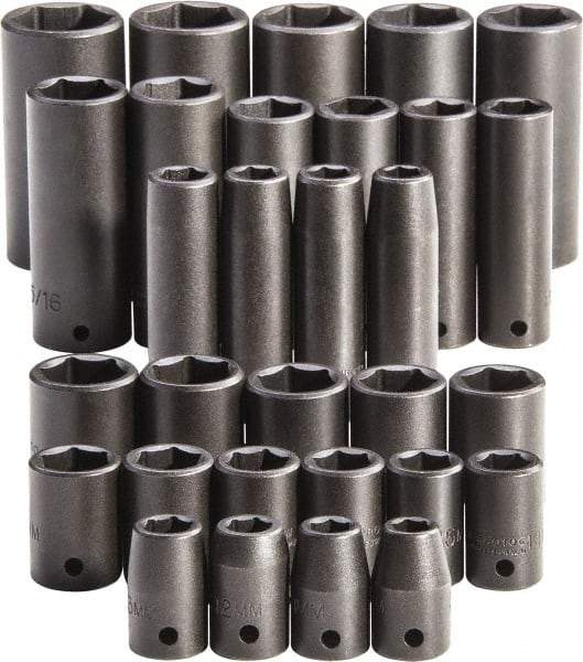 Proto - 30 Piece 1/2" Drive Full Polish Finish Impact Socket Set - 6 Points, 1-1/4" to 1-1/4" (10mm to 24mm) Range, Inch/Metric Measurement Standard - Apex Tool & Supply