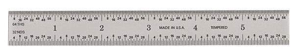 General - 6" Long, 1/64, 1/32, 1/16, 1/8" Graduation, Rigid Steel Rule - 4R Graduation Style, 3/4" Wide, Silver, Satin Chrome Finish - Apex Tool & Supply