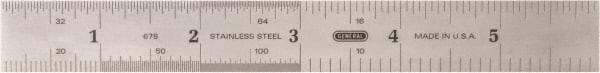 General - 6" Long, 1/100, 1/64, 1/50, 1/32, 1/20, 1/16, 1/10, 1/8" and 0.5, 1mm Graduation, Rigid Stainless Steel Rule - 4R & English/Metric Graduation Style, 3/4" Wide, Silver, Polished Finish - Apex Tool & Supply