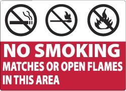 NMC - "No Smoking Matches or Open Flames in This Area", 7" Long x 10" Wide, Aluminum Safety Sign - Rectangle, 0.04" Thick, Use for Smoking Regulations - Apex Tool & Supply