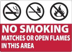 NMC - "No Smoking Matches or Open Flames in This Area", 7" Long x 10" Wide, Aluminum Safety Sign - Rectangle, 0.04" Thick, Use for Smoking Regulations - Apex Tool & Supply
