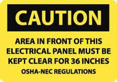 NMC - "Caution - Area in Front of This Electrical Panel Must Be Kept Clear for 36 Inches - OSHA-NEC Regulations", 7" Long x 10" Wide, Aluminum Safety Sign - Rectangle, 0.04" Thick, Use for Accident Prevention - Apex Tool & Supply