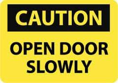 NMC - Caution - Open Door Slowly, Pressure Sensitive Vinyl Fire and Exit Sign - 14" Wide x 10" High - Apex Tool & Supply
