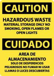 NMC - "Caution - Hazardous Waste Material Storage Only - No Smoking, Open Flames or Open Lights", 14" Long x 10" Wide, Pressure-Sensitive Vinyl Safety Sign - Rectangle, 0.004" Thick, Use for Hazardous Materials - Apex Tool & Supply