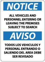 NMC - "Notice - All Vehicles and Personnel Entering or Leaving the Premises Subject to Search", 14" Long x 10" Wide, Pressure-Sensitive Vinyl Safety Sign - Rectangle, 0.004" Thick, Use for Security & Admittance - Apex Tool & Supply