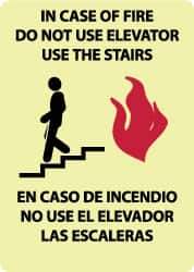 NMC - In Case of Fire - Do Not Use Elevator - Use the Stairs, Plastic Fire and Exit Sign - 10" Wide x 14" High, English/Spanish, Glow-in-the-Dark - Apex Tool & Supply