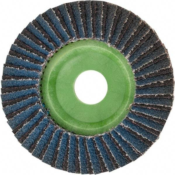 Norton - 40 Grit, 4-1/2" Disc Diam, 7/8" Center Hole, Type 27 Ceramic Alumina Flap Disc - 13,300 Max RPM, Polyester Backing, Arbor Attaching System, Coated - Apex Tool & Supply