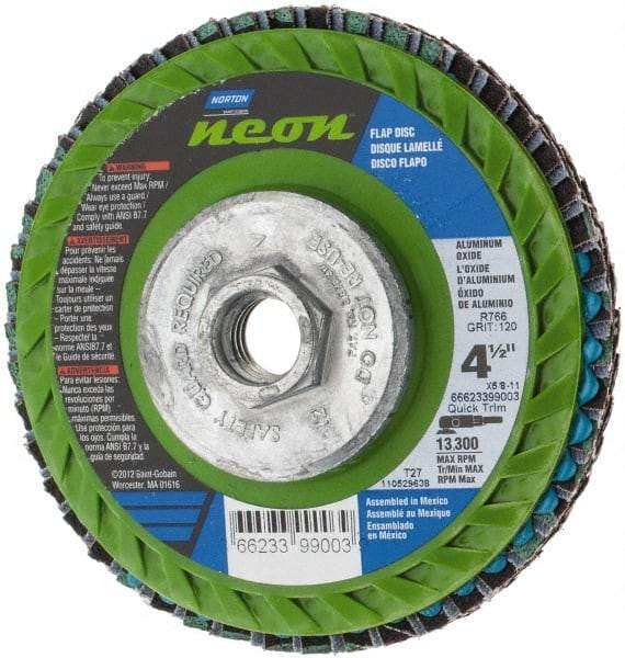 Norton - 120 Grit, 4-1/2" Disc Diam, 5/8-11 Center Hole, Type 27 Ceramic Alumina Flap Disc - 13,300 Max RPM, Polyester Backing, Arbor Attaching System, Coated - Apex Tool & Supply