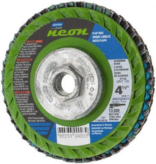 Norton - 120 Grit, 4-1/2" Disc Diam, 5/8-11 Center Hole, Type 27 Ceramic Alumina Flap Disc - 13,300 Max RPM, Polyester Backing, Arbor Attaching System, Coated - Apex Tool & Supply