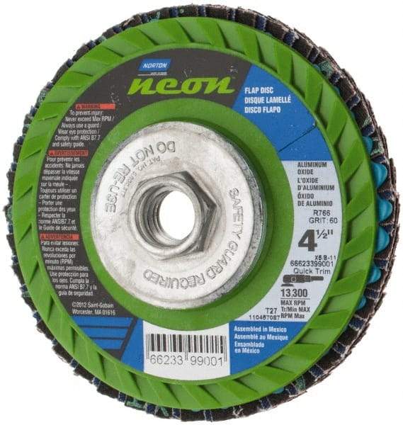 Norton - 60 Grit, 4-1/2" Disc Diam, 5/8-11 Center Hole, Type 27 Ceramic Alumina Flap Disc - 13,300 Max RPM, Polyester Backing, Arbor Attaching System, Coated - Apex Tool & Supply