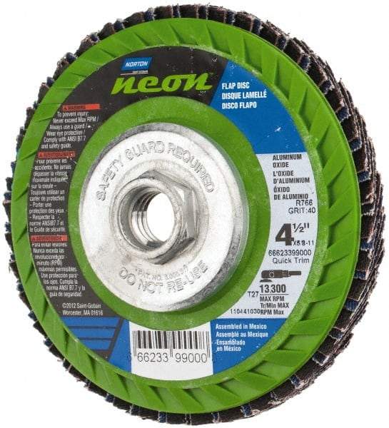 Norton - 40 Grit, 4-1/2" Disc Diam, 5/8-11 Center Hole, Type 27 Ceramic Alumina Flap Disc - 13,300 Max RPM, Polyester Backing, Arbor Attaching System, Coated - Apex Tool & Supply