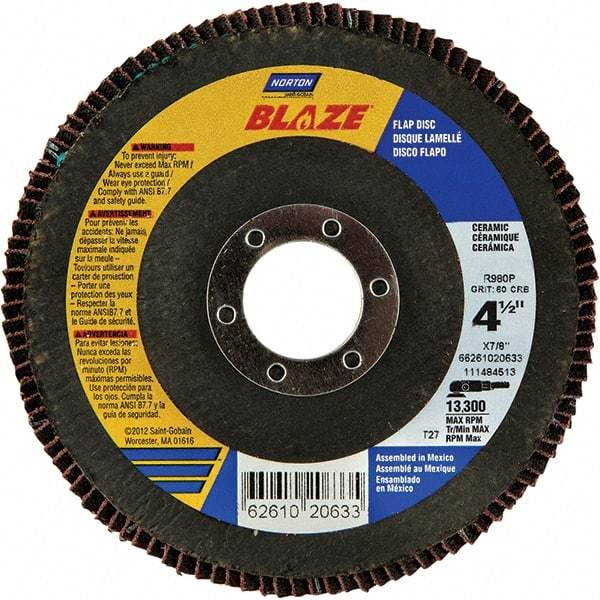 Norton - 40 Grit, 4-1/2" Disc Diam, 7/8" Center Hole, Type 27 Ceramic Alumina Flap Disc - 13,000 Max RPM, Cloth Backing, Arbor Attaching System, Coated - Apex Tool & Supply