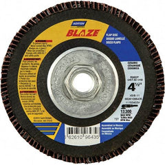 Norton - 36 Grit, 4-1/2" Disc Diam, 5/8-11 Center Hole, Type 27 Ceramic Alumina Flap Disc - 13,000 Max RPM, Cloth Backing, Arbor Attaching System, Coated - Apex Tool & Supply