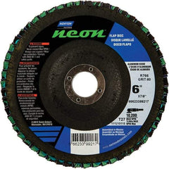Norton - 40 Grit, 6" Disc Diam, 7/8" Center Hole, Type 27 Ceramic Alumina Flap Disc - 10,200 Max RPM, Polyester Backing, Arbor Attaching System, Coated - Apex Tool & Supply