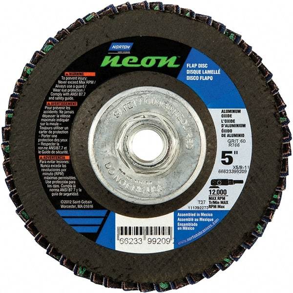 Norton - 60 Grit, 5" Disc Diam, 5/8-11 Center Hole, Type 27 Ceramic Alumina Flap Disc - 12,000 Max RPM, Polyester Backing, Arbor Attaching System, Coated - Apex Tool & Supply