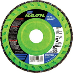 Norton - 36 Grit, 5" Disc Diam, 7/8" Center Hole, Type 27 Ceramic Alumina Flap Disc - 12,000 Max RPM, Polyester Backing, Arbor Attaching System, Coated - Apex Tool & Supply