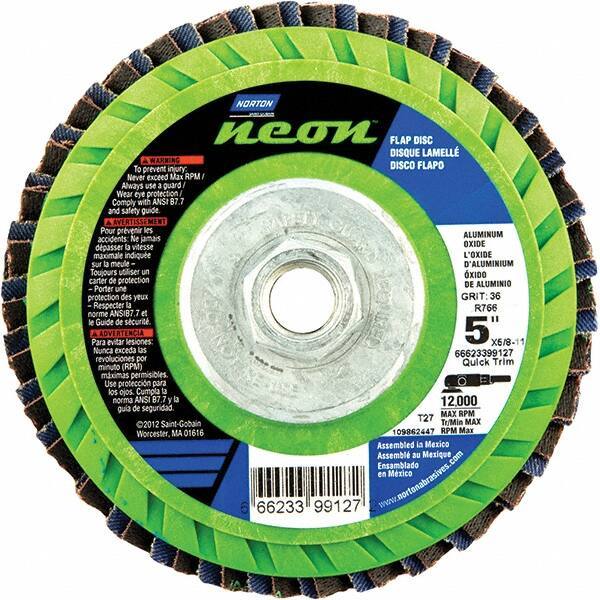 Norton - 60 Grit, 5" Disc Diam, 5/8-11 Center Hole, Type 27 Ceramic Alumina Flap Disc - 12,000 Max RPM, Polyester Backing, Arbor Attaching System, Coated - Apex Tool & Supply