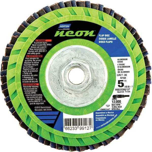 Norton - 40 Grit, 5" Disc Diam, 5/8-11 Center Hole, Type 27 Ceramic Alumina Flap Disc - 12,000 Max RPM, Polyester Backing, Arbor Attaching System, Coated - Apex Tool & Supply