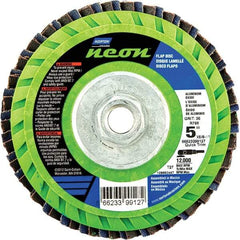 Norton - 36 Grit, 5" Disc Diam, 5/8-11 Center Hole, Type 27 Ceramic Alumina Flap Disc - 12,000 Max RPM, Polyester Backing, Arbor Attaching System, Coated - Apex Tool & Supply