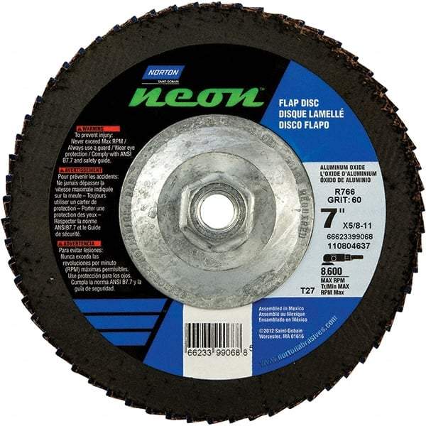 Norton - 80 Grit, 7" Disc Diam, 5/8-11 Center Hole, Type 27 Ceramic Alumina Flap Disc - 8,600 Max RPM, Polyester Backing, Arbor Attaching System, Coated - Apex Tool & Supply