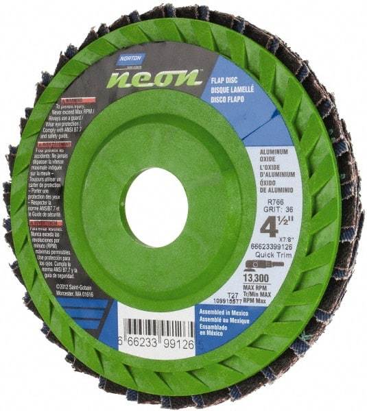 Norton - 36 Grit, 4-1/2" Disc Diam, 7/8" Center Hole, Type 27 Ceramic Alumina Flap Disc - 13,300 Max RPM, Polyester Backing, Arbor Attaching System, Coated - Apex Tool & Supply