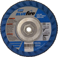 Norton - 36 Grit, 7" Disc Diam, 5/8-11 Center Hole, Type 27 Zirconia Alumina Flap Disc - 8,600 Max RPM, Cloth Backing, Arbor Attaching System, Coated - Apex Tool & Supply