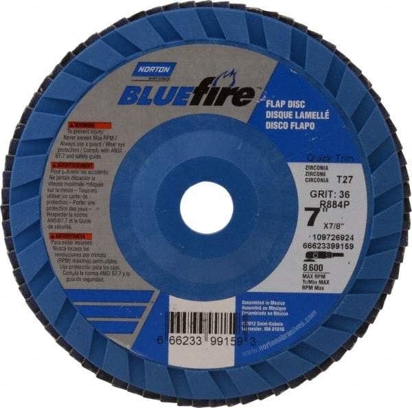 Norton - 36 Grit, 7" Disc Diam, 7/8" Center Hole, Type 27 Zirconia Alumina Flap Disc - 8,600 Max RPM, Cloth Backing, Arbor Attaching System, Coated - Apex Tool & Supply
