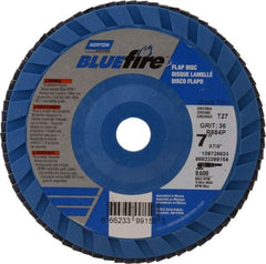 Norton - 36 Grit, 7" Disc Diam, 7/8" Center Hole, Type 27 Zirconia Alumina Flap Disc - 8,600 Max RPM, Cloth Backing, Arbor Attaching System, Coated - Apex Tool & Supply