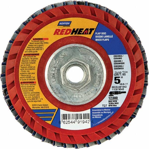 Norton - 40 Grit, 5" Disc Diam, 5/8-11 Center Hole, Type 27 Ceramic Alumina Flap Disc - 12,000 Max RPM, Cloth Backing, Arbor Attaching System, Coated - Apex Tool & Supply